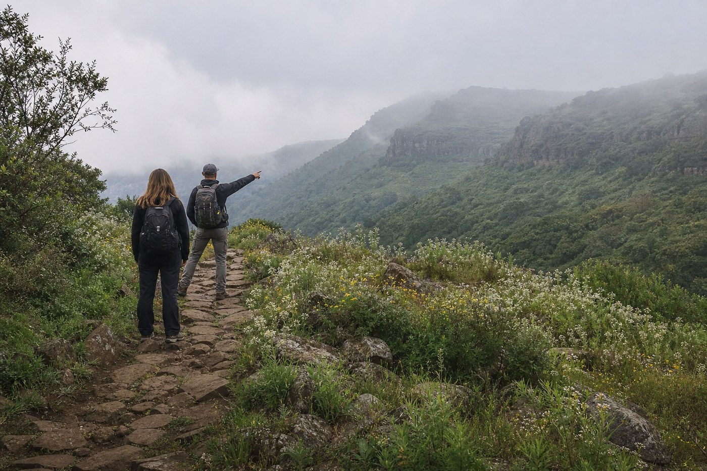 Hike Golan guides on a basalt trail